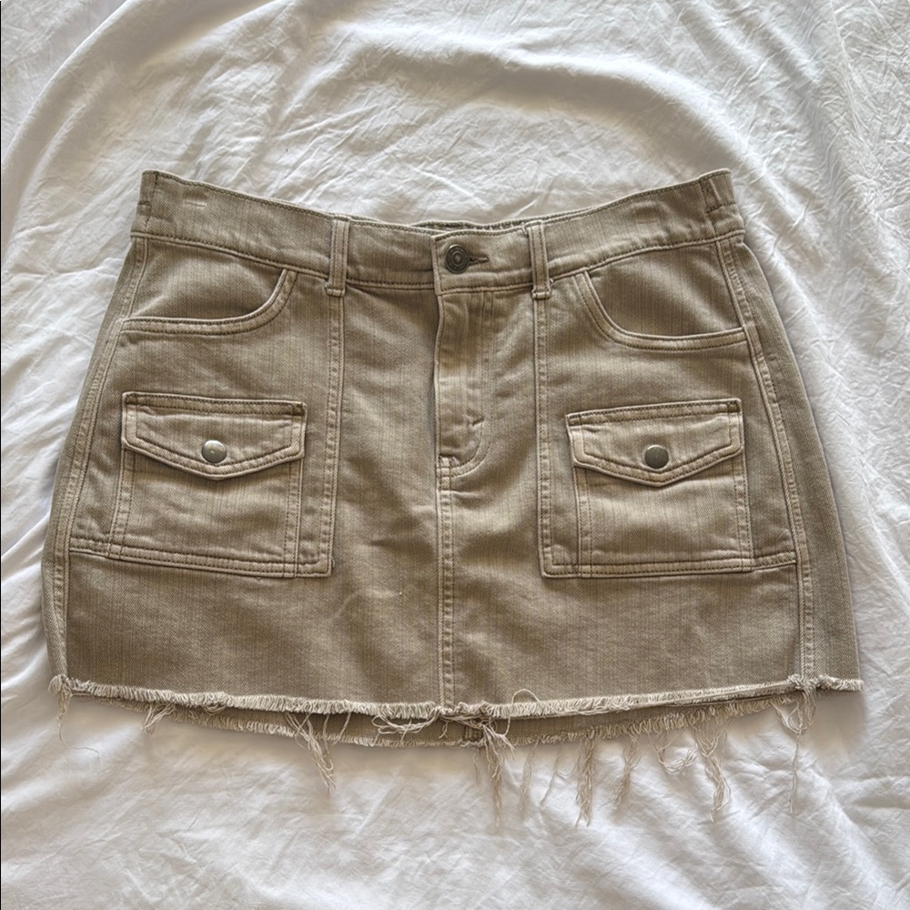 Tan Denim Mini Skirt with Frayed Hem